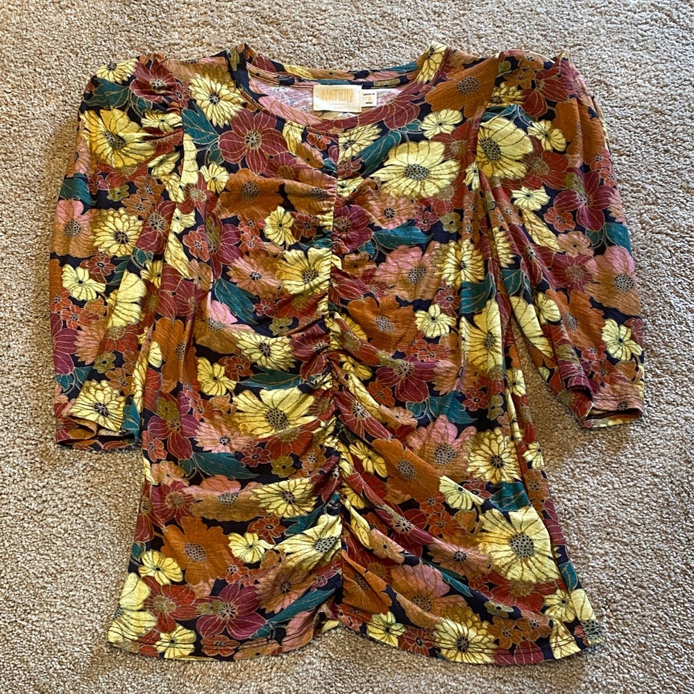 Nation Ltd Boho Pima Cotton Ruched Crew Neck 3/4 Puff Sleeve Floral Top SMALL